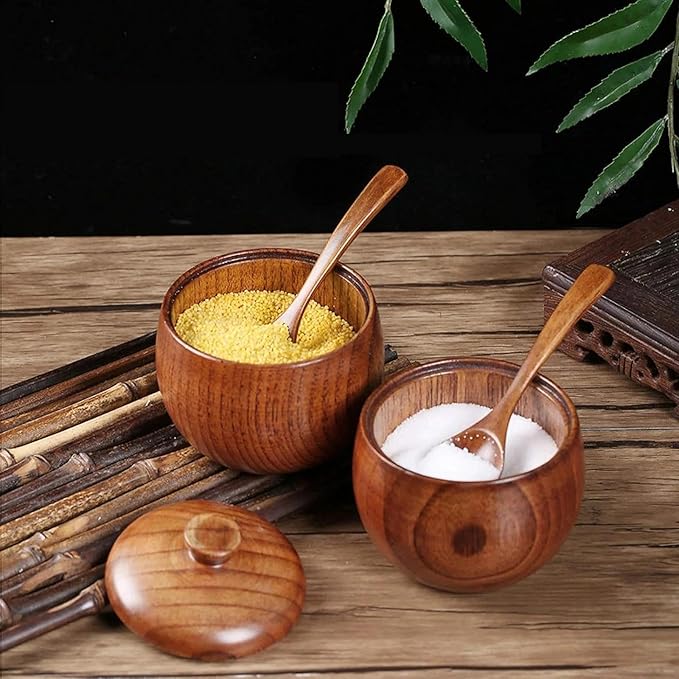 Wooden Salt Container with Lid and Spoon, Salt Cellar for Kitchen Countertop, Wood Spice Jar Keeper, Small Seasoning Box for Sugar or Pepper