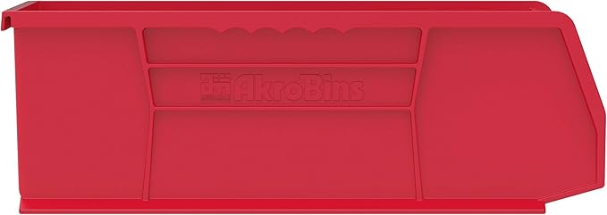 Akro-Mils 30234 AkroBins Plastic Storage Bins, Space-Saving Stackable Bins for Garage, Pantry, Craft Organization, 15" x 5" x 5", Red, 12-Pack