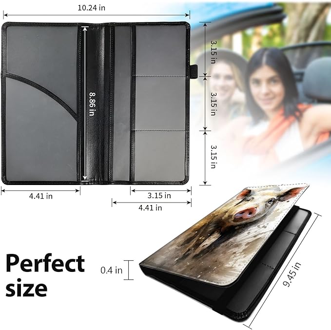 Car Registration and Insurance Holder, Leather Car Glove Box Organizer, Cool Car Accessories for ID, Driver's License Cards & Essential Document,business cards,Men&Women,Cute Pigss