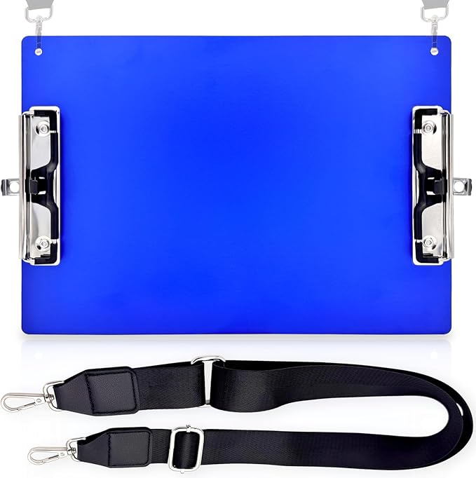 Aluminum Metal Clipboard with Detachable Adjustable Shoulder Strap A4 Double Clip Board Stainless Hangable w/Pen Holder Letter 9" x 12.6" for School Office Business Factory (Blue-with Strap, A4)