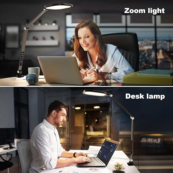 Desk Lamps for Home Office, Eye-Caring Led Desk Light with Clamp, Dimmable Zoom Lighting with 3 Colors & 10 Brightness, Computer Ring Lights for Video Calls,Conference Meeting, Reading, CRI>95