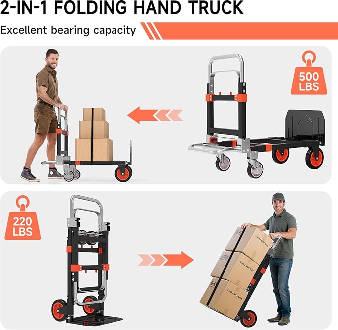 3-in-1 Heavy Duty Folding Hand Truck, 500LB Capacity Convertible Steel Dolly Cart with 360° Swivel Wheels & Telescopic Handle, Foldable Utility Wagon for Moving, Warehouse and Shopping