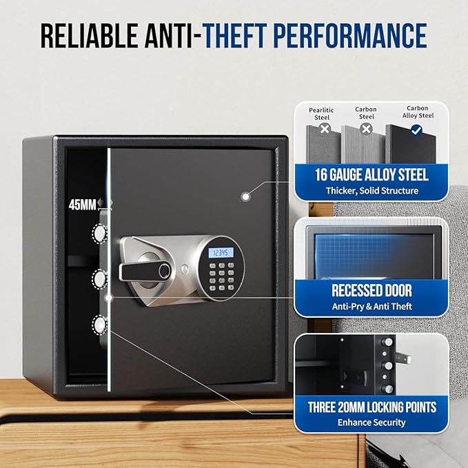 BlackSmith Biometric Safe Box 1.5 Cub Home Security Safe Fingerprint Recognition Money Safe with Keys Keypad Lock Box Secure Jewelry Valuables with Dual Alarm System Fireproof Bag, Black
