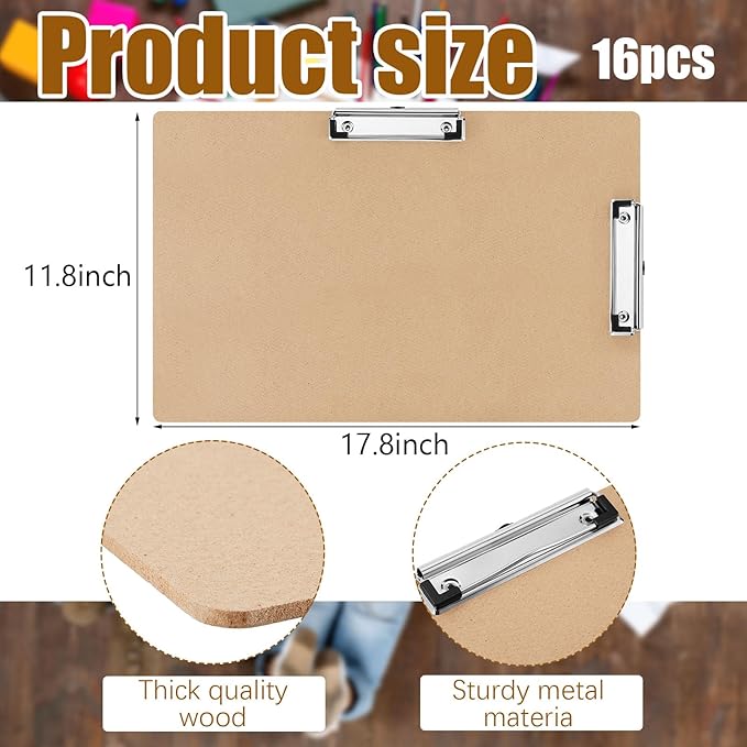 Henoyso 16 Pcs 11x17 Clipboard Wooden Lap Board with Low Profile Clip Brown Double Landscape Clip Hardboard Drawing Board Landscape Horizontal Large Clipboard for Desk Paper Sketching Art Supplies