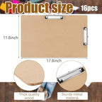 Henoyso 16 Pcs 11x17 Clipboard Wooden Lap Board with Low Profile Clip Brown Double Landscape Clip Hardboard Drawing Board Landscape Horizontal Large Clipboard for Desk Paper Sketching Art Supplies
