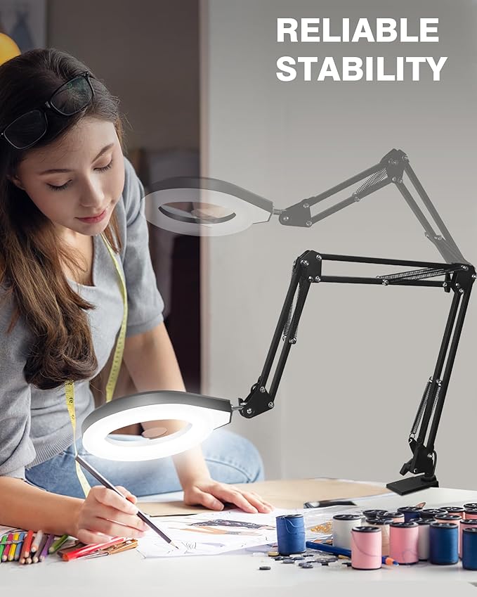 10X & 5X Magnifying Glass with Light, Ultra Long Swing Arm, 5 Colors & 10 Brightness, Real Glass Lens Large Magnifying Lamp for Craft Painting Workbench Jewelry Making Hobby Close Work (Blue)