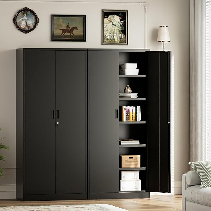 Metal Garage Storage Cabinets,71” Tall Metal File Cabinet with 5 Adjustable Shelves, Lockable Storage Cabinets for Office, Home, Garage, Warehouse 71" H x 32" W x 16" D (Black)