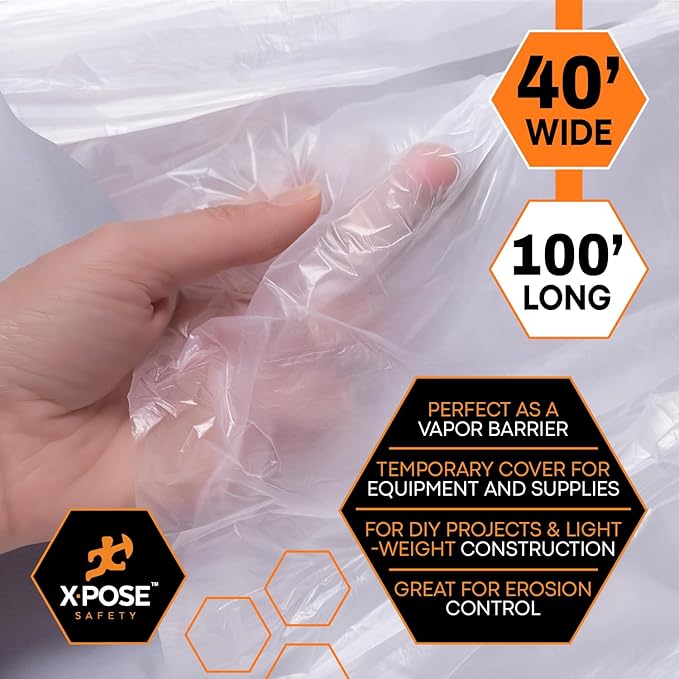 Xpose Safety Clear Plastic Sheeting – 40' x 100' Roll – Heavy Duty 6 Mil Poly Sheet – Waterproof, Dustproof, Vapor Barrier – for Construction, Painting, Industrial Use