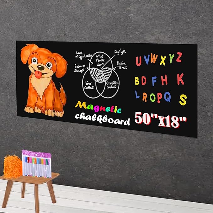 Magnetic Chalkboard Contact Paper 50"x18" Self Adhesive Magnet Wall Board Sticker with 12 Color Chalk for Office Black Chalk Board Wallpaper Roll Alternative to Magnetic Blackboard Paint