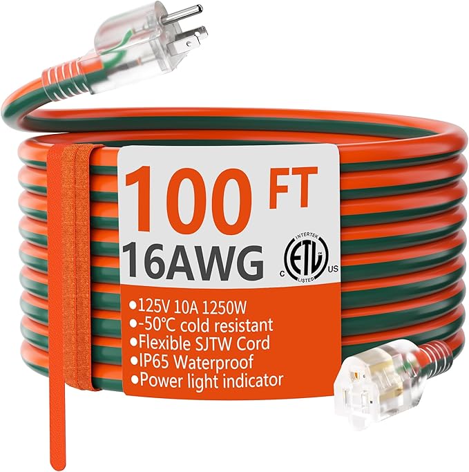 HUANCHAIN 16 Gauge 100 ft Outdoor Extension Cord with Lighted End, Flexible Cold-Resistant 3 Prong Electric Cord Waterproof Outside, 10Amp 1250W 16AWG SJTW, Orange Green, ETL