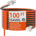 HUANCHAIN 16 Gauge 100 ft Outdoor Extension Cord with Lighted End, Flexible Cold-Resistant 3 Prong Electric Cord Waterproof Outside, 10Amp 1250W 16AWG SJTW, Orange Green, ETL