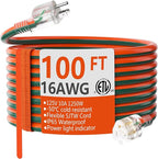 HUANCHAIN 16 Gauge 100 ft Outdoor Extension Cord with Lighted End, Flexible Cold-Resistant 3 Prong Electric Cord Waterproof Outside, 10Amp 1250W 16AWG SJTW, Orange Green, ETL