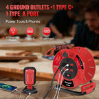 Extension Cord Storage Reel with 4-Grounded Outlet & 2 USB Port, 15A Circuit Breaker, Heavy Duty Open Cord Reel for 12/3,14/3 Gauge Power Cord, Hand Wind Retractable, ETL Listed Red R85CR06