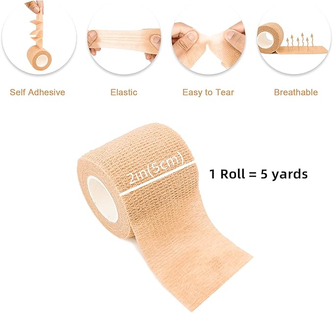 [24 Pack 2" x5 Yards] Carbou Self Adhesive Bandages Pre Wrap, Athletic Elastic Cohesive Bandage for Sports, Injuries, Treatments, and Recovery, First Aid Tape Vet Wrap for Cat, Dog
