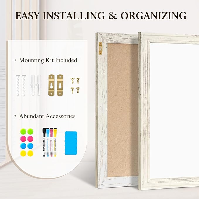 4 THOUGHT Dry Erase Board, 18 x 24 in Magnetic Whiteboard White Vintage Wood Frame Wall-Mounted White Board Decorative Notice Board for School, Office, Home, 8 Magnets 4 Markers 1 Eraser