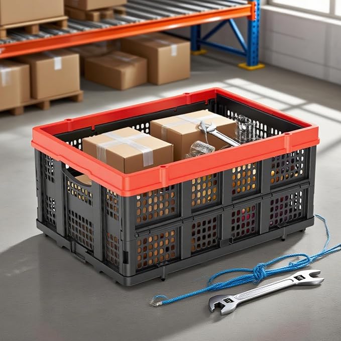 49L Collapsible Crate, Milk Crate for Storage, Foldable Storage Crate, Stackable Crate for Organizing for Home, Shopping, Camping, School, Office, Warehouse, Red