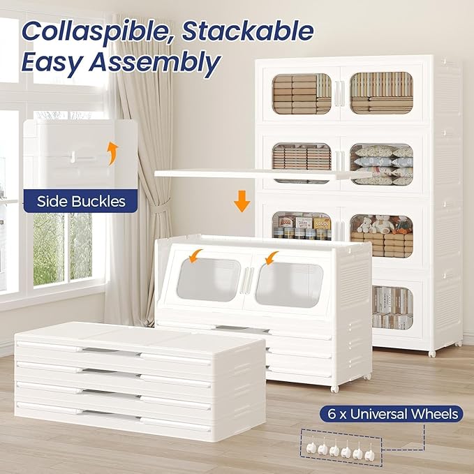 200Gal Exra Large Stackable Storage Bins with Lid, 800QT Collapsible Storage Box with 6x Wheels, Folding Plastic Cabinet Container with Door Drawer for Home Kitchen Office Dorm, 4Pack White
