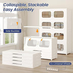 250Gal Exra Large Stackable Storage Bins with Lid, 1000QT Collapsible Storage Box with 6x Wheels, Folding Plastic Cabinet Container with Door Drawer for Home Kitchen Office Dorm, 5Pack White