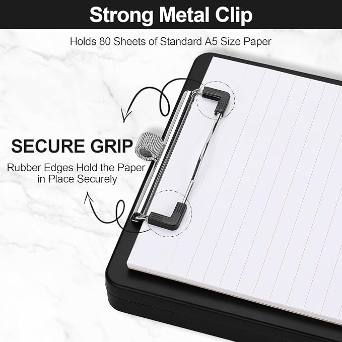 Small Clipboard with Storage, A5 Clipboards with Pen Holder, Half Letter Clip Boards 6x9 Mini Plastic Clipboard with Low Profile Clip for Classroom, School, Office Supplies (Black)