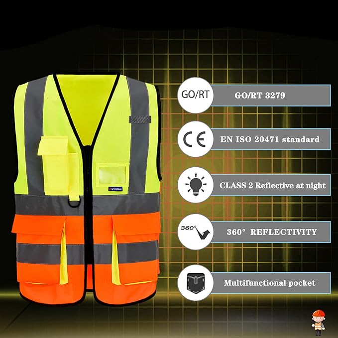 A-SAFETY High Visibility Safety Vest, ANSI Class 2 Identification Security Vest with 2'' Reflective Silver Strip, Front Zipper Construction Vest for Night, Orange&Yellow Color Mixed, XXL
