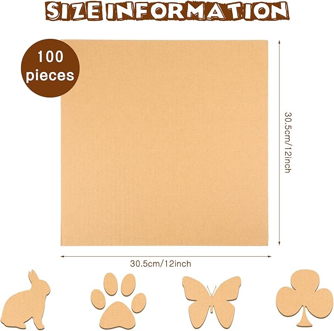 100 Pcs Corrugated Cardboard Sheets Set Corrugated Packaging Pads Paper Flat Cardboard Filler Inserts Sheet Pads Rectangle for Delivering Packing Separators Art Crafts Supplies (Brown, 12 x 12 Inch)