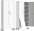 75" H Metal Garage Storage Cabinet, Rolling Tool Cabinet with 2 Doors and Wheels, Locker Steel Cabinet with 5 Adjustable Shelves, Organization Cabinet for Garage,Office,Home,Gym,School（White）