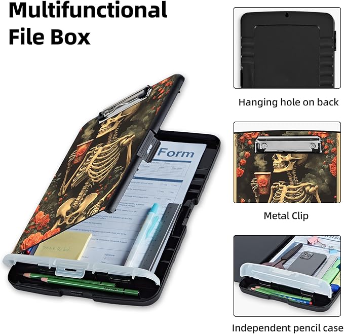 Clipboard with Storage Box & Pen Holder,Heavy Duty Clip Boards 8.5x11 for Nursing,High Capacity,School & Office Supplies,Skeleton Roses Tea