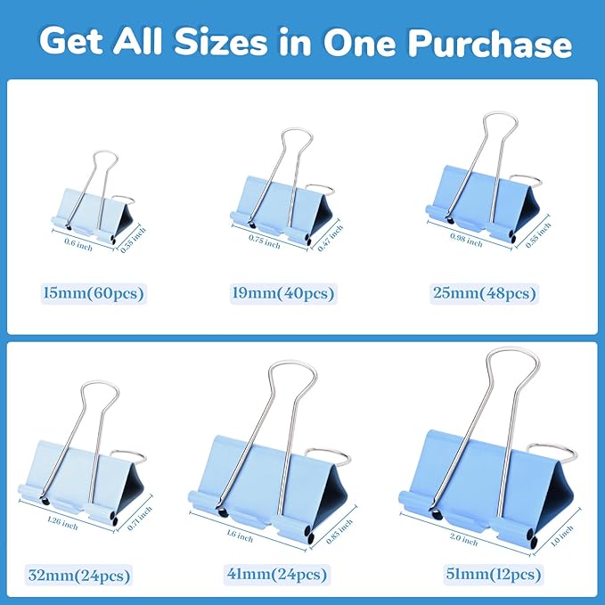 Temiary 208 Pcs Metal Binder Clips, Assorted Sizes Extra Large, Large, Medium, Small, Mini, Micro Binder Paperwork Clip, Morandi Colored Paper Clamps Bulk for Office, Home, School (Blue)