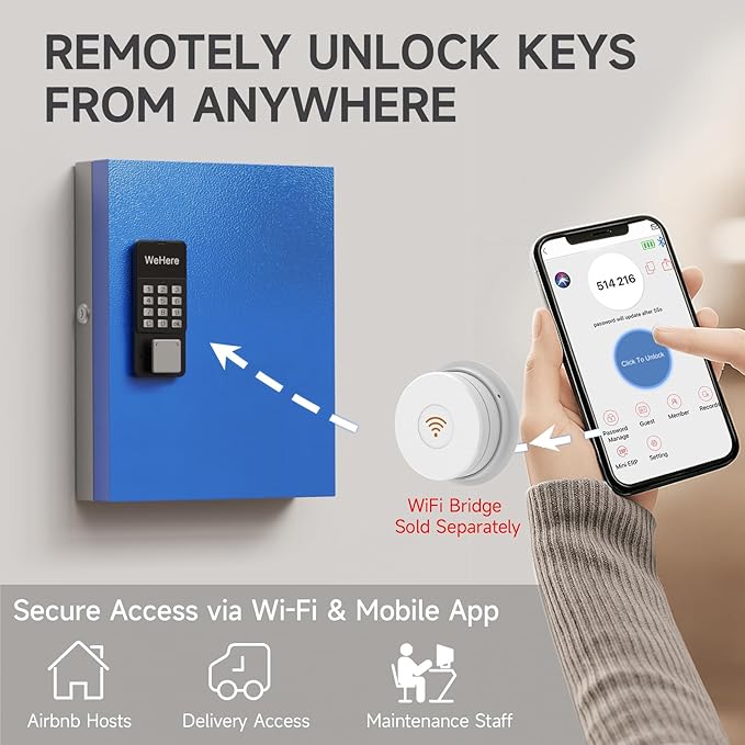 WeHere 32 Key Lock Box Wall Mount, APP Bluetooth/OTP/Wi-Fi/Fixed Code/Key Unlock, Smart Key Cabinet with Tag, Key Organizer Holder box with Management Directory for School, Office, Realtor, Hotel