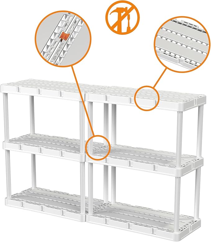 Gracious Living 3 Shelf Knect-A-Shelf Solid Light Duty Storage Unit 12 x 24 x 33 Organizer for Home, Garage, Basement & Laundry, White
