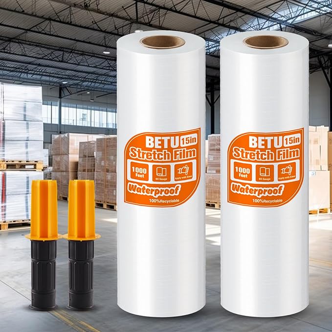 Stretch Film Shrink Wrap for Moving Supplies (15inch, 2 Pack) x 1000ft, Industrial Strength Plastic Wrap Stretch Roll for Pallet Wrapping Shipping Moving Boxes Storage Furniture with Handles, Clear