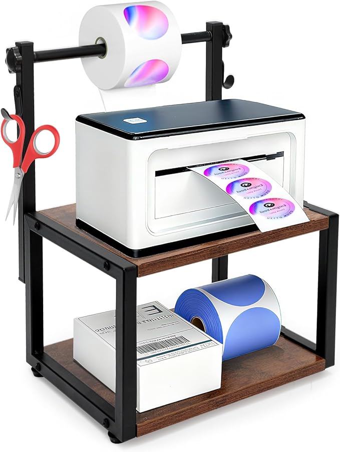 Label Holder for Rolls and Fan-Fold Labels, Wooden Sticker Dispenser for Desktop Thermal Printer and Accessories Storage, Self-Adhesive Label Organizer Stand for Home, Office, Small Businesses
