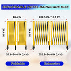 2 Set 16.8FT Industrial Metal Expandable Barricade，Retractable Traffic Fence with Casters, Folding Security Gate, Portable Barricade Gate for Construction Area, Traffic Control, Driveway and Garden