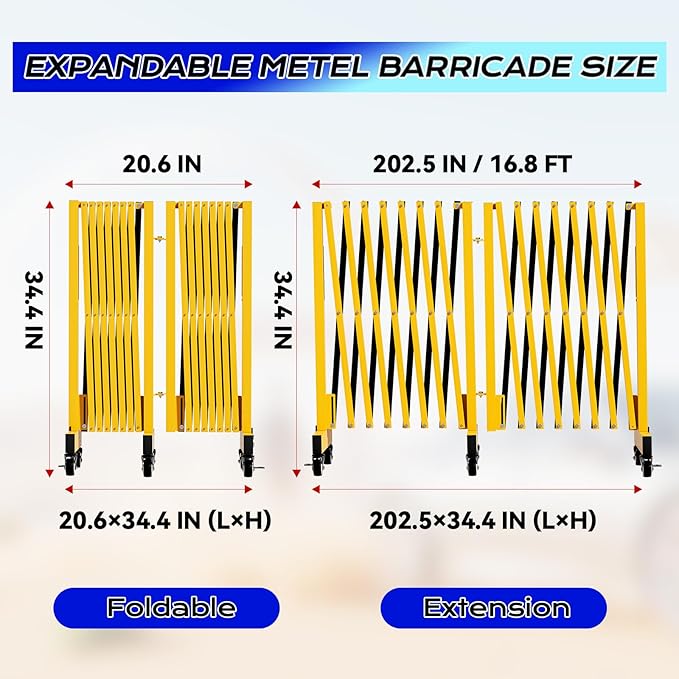 2 Set 16.8FT Industrial Metal Expandable Barricade，Retractable Traffic Fence with Casters, Folding Security Gate, Portable Barricade Gate for Construction Area, Traffic Control, Driveway and Garden