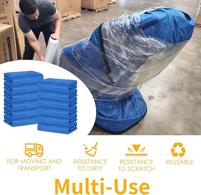 Moving Blankets 12 Packs, Extra Large 80"x72" Furniture Moving Pads, Reusable Packing Blankets, Professional Quilted Furniture Shipping & Storage Pads for Couch Desk Cabinet Appliances, Blue and Black