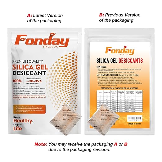 50g x 20 packs Fonday Rechargeable Silica Gel Desiccant Packets Fast Reactivate Desiccant Bags Moisture Absorbers for Storage Bins, Suitcase, Safe, 3D Filaments, Electronics
