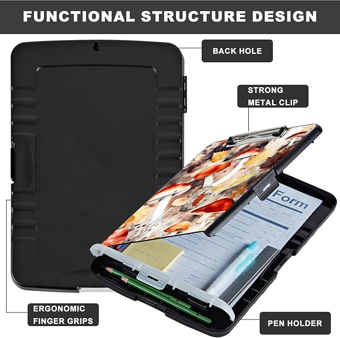 Clipboard with Storage,Storage Clipboard with Pen Holder,Heavy Duty Plastic Storage Clipboard with Low Profile Clip, Clipboard Folder, Teacher Must Haves, Office Supplies,Mushrooms and Leaves