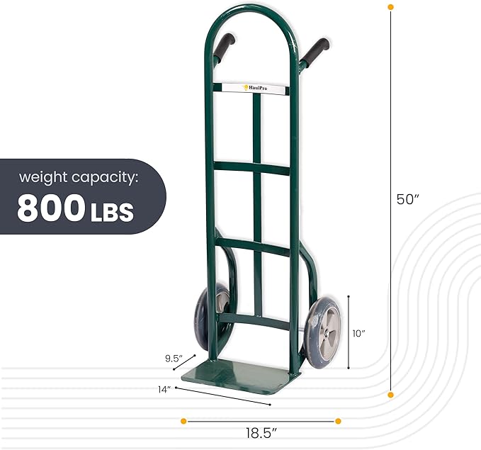 HaulPro Heavy Duty Hand Truck with Double-Grip Handle - Steel Dolly Cart for Moving - 800 Pound Capacity - 10" - Rubber Wheels - 50" H x 18.5" W with 14" x 9.5" Nose Plate - Green