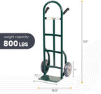 HaulPro Heavy Duty Hand Truck with Double-Grip Handle - Steel Dolly Cart for Moving - 800 Pound Capacity - 10" - Rubber Wheels - 50" H x 18.5" W with 14" x 9.5" Nose Plate - Green