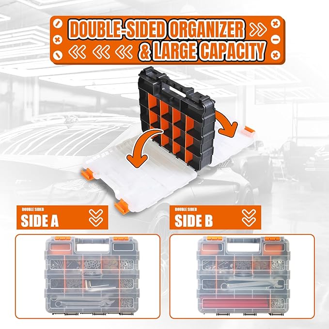Tool Box with Transparent Lid, Double Side 34-Compartments Organizer Box with Removable Dividers for Hardware, Screws, Bolts, Nails, Beads, Jewelry and Fishing Accessories, Orange, 1 Pack
