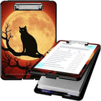 Clipboard with Storage, High Capacity Plastic Storage Clipboard with Low Profile Clip for Women Teachers Work, School & Office Supplies, Cute Pattern Decorative Clipboards, Moon Black cat