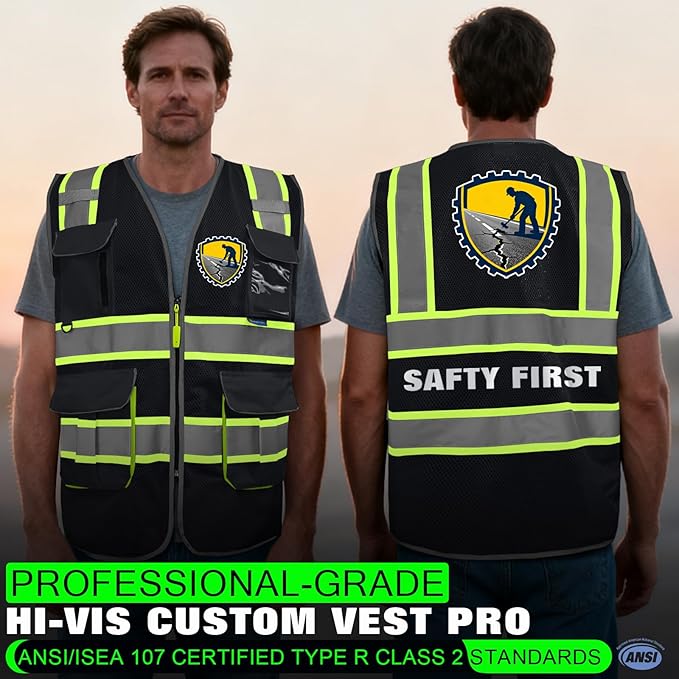 BeautyWill Safety Vest Class2 ANSI Certified Custom Logo High Visibility Reflective Vest for Men -10 Pockets Personalized Logo Heavy-Duty Work Vest（Mesh Black，M）