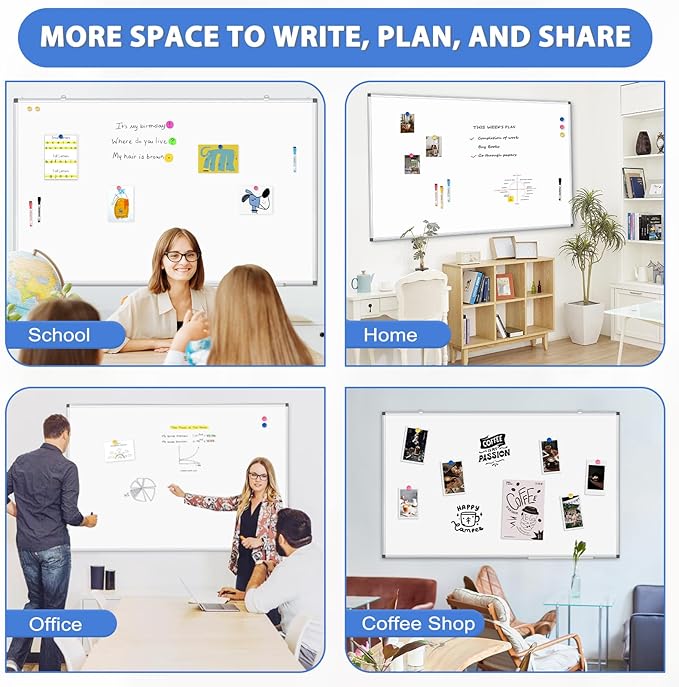 WALGLASS Large Dry Erase White Board for Wall, 72'' x 40'' Double-Sided Magnetic Whiteboard with Aluminium Frame, Hanging & Wall Mount for Home Office School