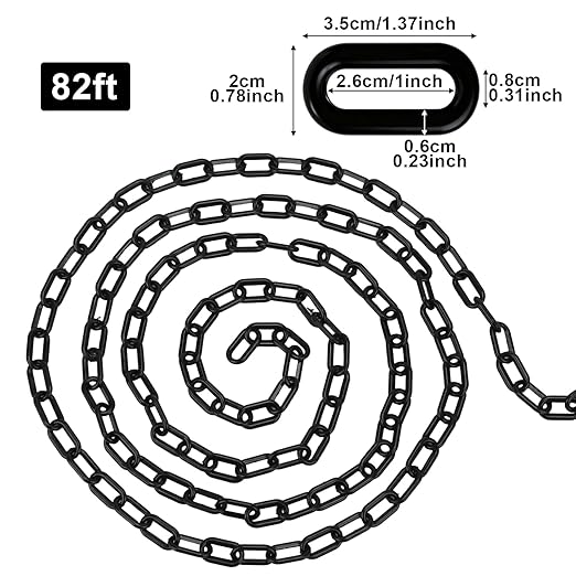 82FT Black Plastic Chain Barrier - 1.5 Inch Link Weatherproof Safety Chain for Crowd Control, Parking Lot, Queue Line, Driveway & Halloween Decor