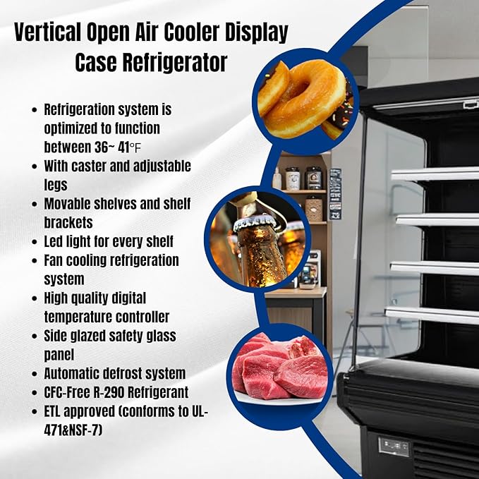 Food Refrigerated Display Case for Commercial Bakery Pastry Front Open Air Refrigerated Display Cooler Case, Movable Shelves and Adjustable Legs, 36~41℉ (61.4 Inches, Black)