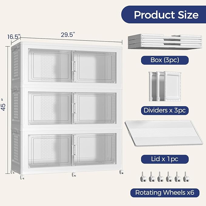 120GAL Storage Bins with Lid and Wheels, Stackable Closet Organizers and Storage Drawer, Collapsible Storages Box with Dividers, Foldable Plastic Cabinet for Room, Kitchen, 3 Pack White