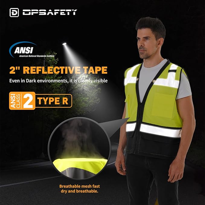 Reflective Safety vest With back plan pocket,High visibility Class 2 Heavy Duty Surveyor Vest with Zipper,Hi Vis Construction Work Vest for Men＆Women ANSI/ISEA(Yellow-Bottom,5XL)