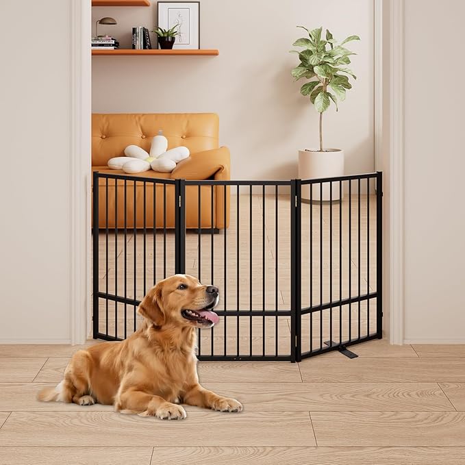 3 Panels Full Metal Freestanding Dog Gates, 60” W x 32” H Folding Pet Gate Fence with Support Feet for Indoor,Stairs, Hallways and Doorways(Black)