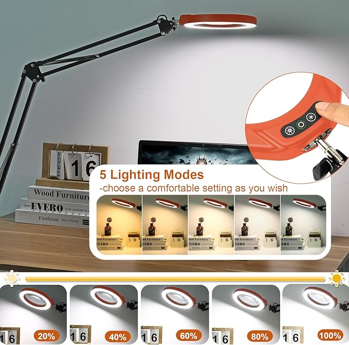 VEEMAGNI 12X 5 Inch Large Real Glass Magnifying Glass with Light and Stand, 5 Color Modes Stepless Dimmable, 2*16 Inch Swivel Arm LED Clamp Desk Lamp, Hands Free Lighted Magnifier for Crafting-Orange