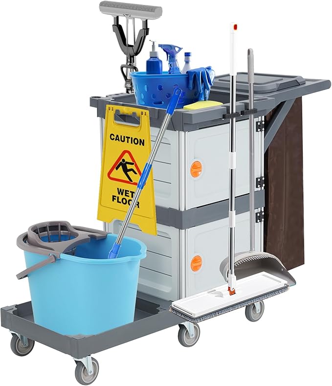 Commercial Janitorial Cart, 3-Shelf Housekeeping Cleaning Cart with 2 Cabinet, Cover, Shelves, and Oxford Bag, Traditional Janitorial Cart for School Hotel Apartment